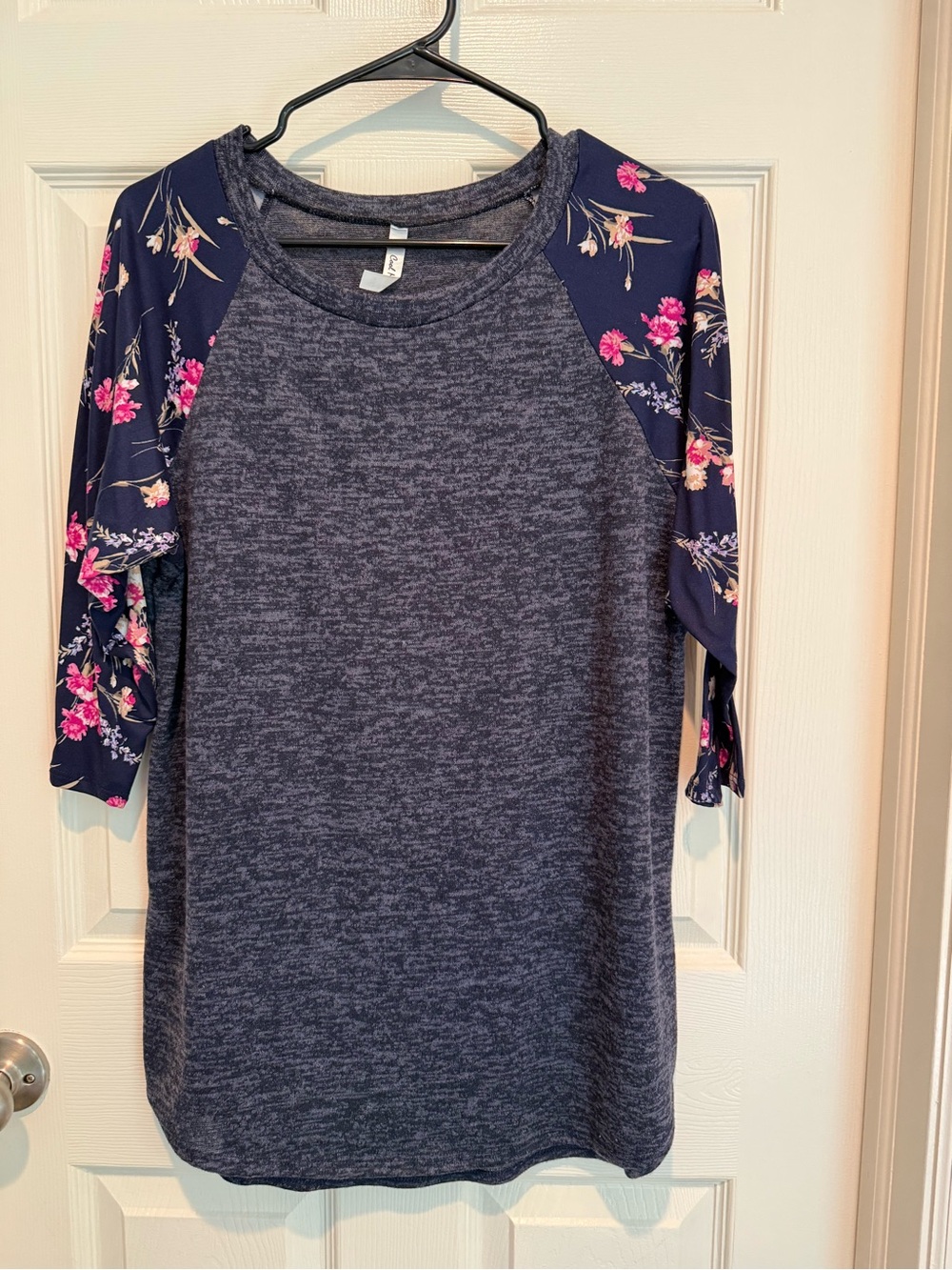 Cool Melon Navy Heather Raglan Top with Floral Sleeves